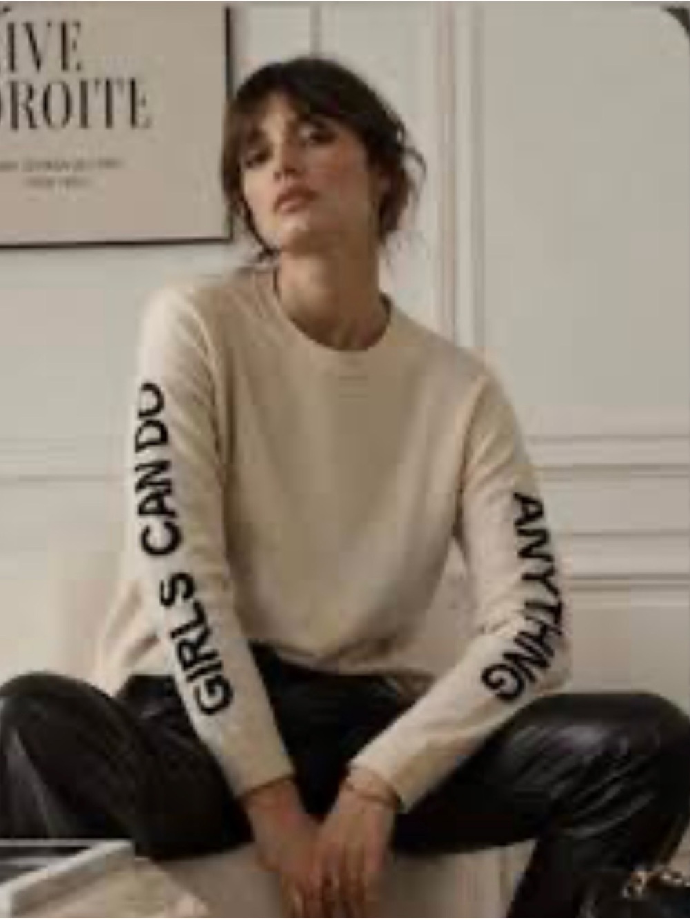 Women’s Crewneck Sweater Gaby Girls Can Do— Cream with Sleeve Slogan
